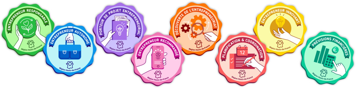 Visuel des 8 open badges disponibles sur la Maison Des Entrepreneurs